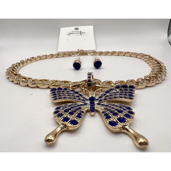 Jennifer & Co Gold NWT Chunky Rhinestone Chain Necklace Blue Butterfly Pendant - Picture 3 of 11